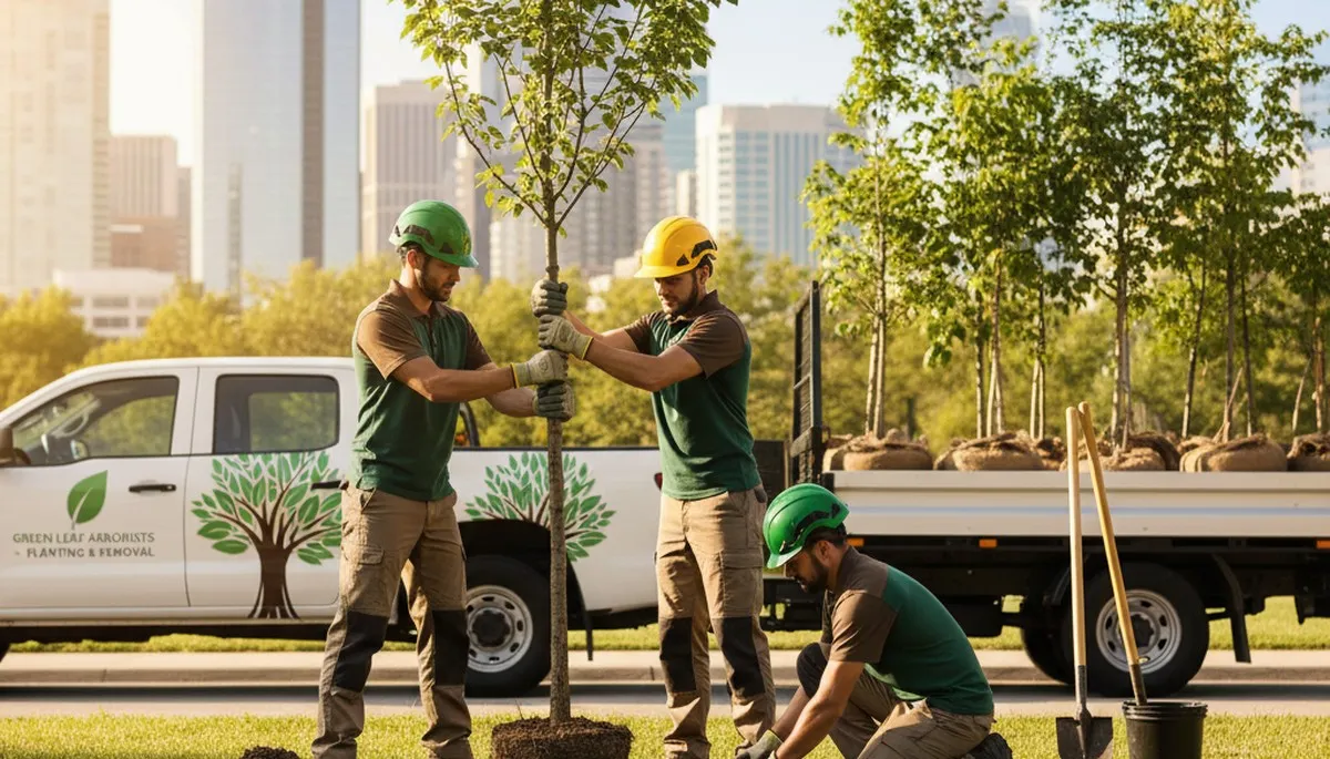 Professional arborist planting young tree in Arlington, TX for Chop Chop Tree service