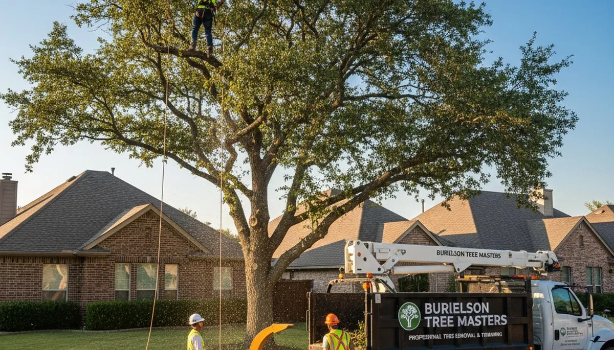 Professional tree removal service crew working safely in Arlington, TX residential neighborhood