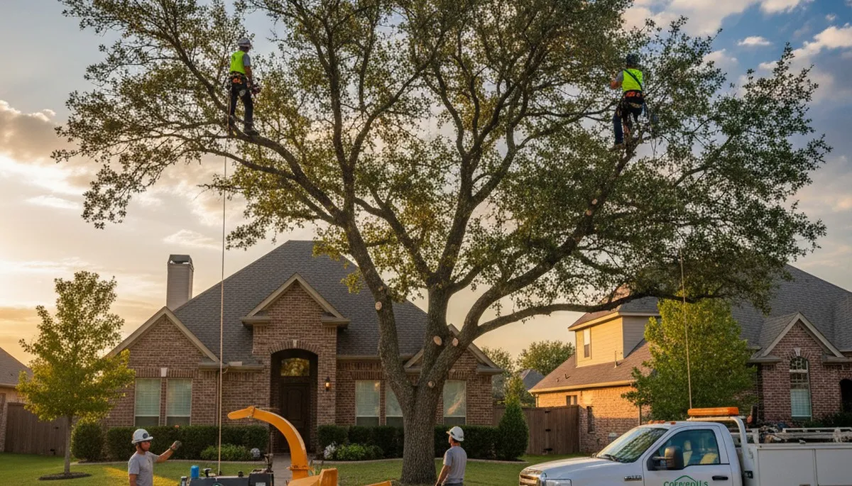 Professional tree removal team working safely in Arlington TX residential area