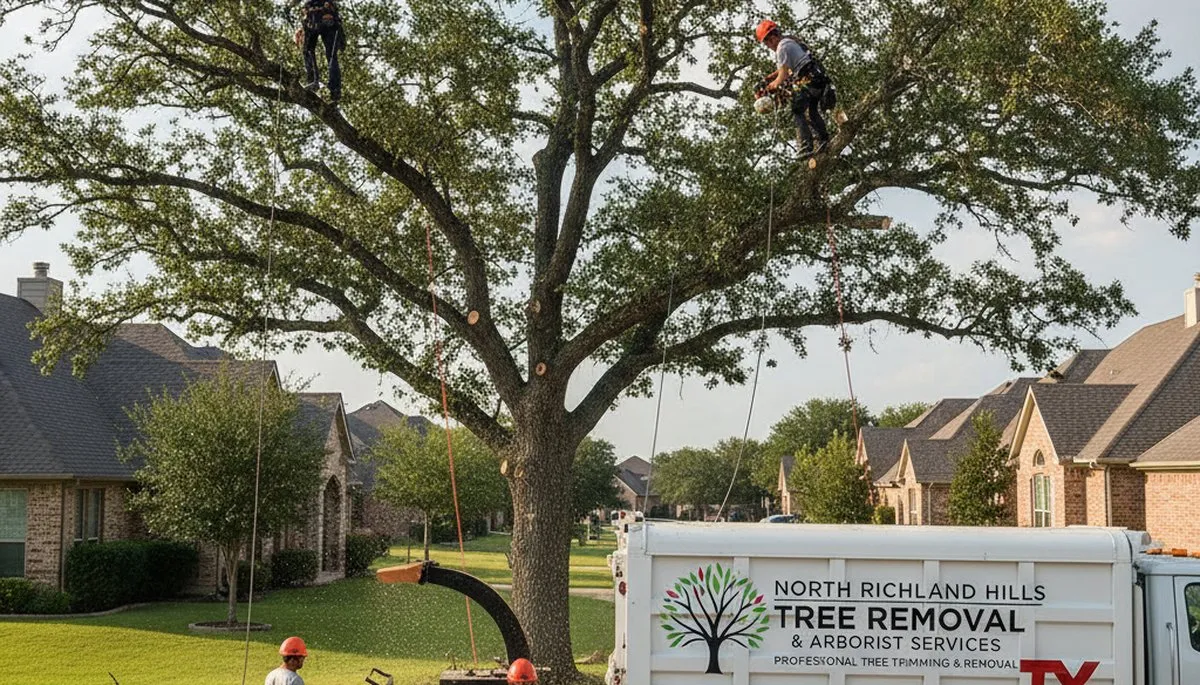 Professional tree removal service in Arlington TX safely cutting large oak tree branches