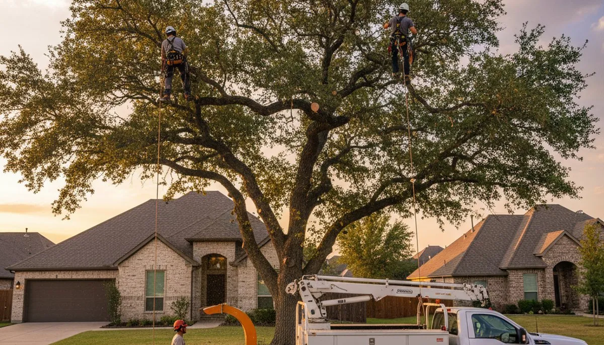 Professional tree removal service crew working safely in Arlington TX yard